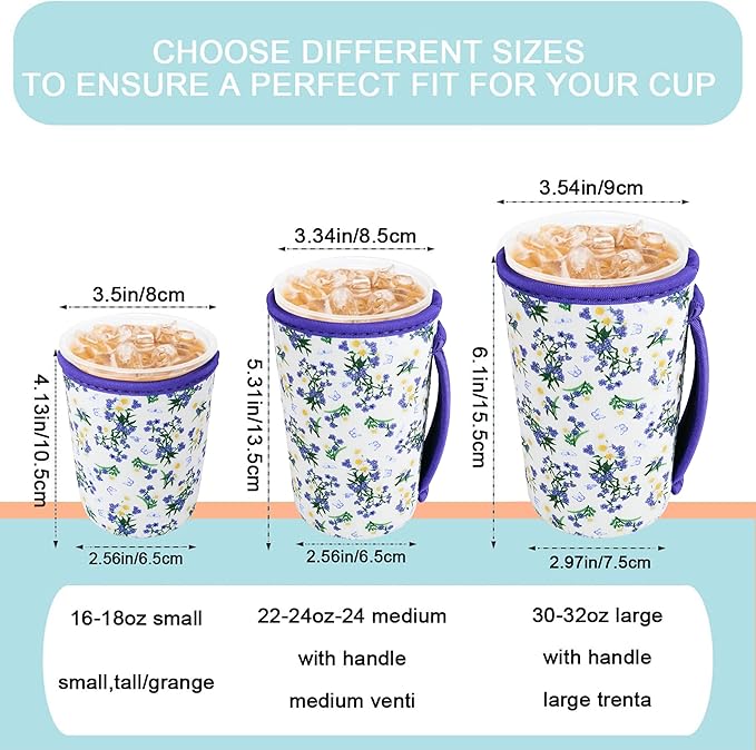 KJQJLY 3 Pac Reusable Iced Coffee Sleeves for Iced Coffee Cups or Drinks Reusable Neoprene Insulated Sleeves for Hot and Cold Drinks from Starbucks, Dunkin, And More (Little Orchid)