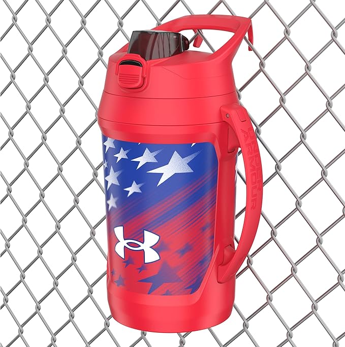 Under Armour Insulated Water Bottle with Handle & Fence Hook, Half Gallon Sports Water Jug, Leak-Resistant & BPA-Free for Baseball, Football & Gym - Red Americana, 64oz