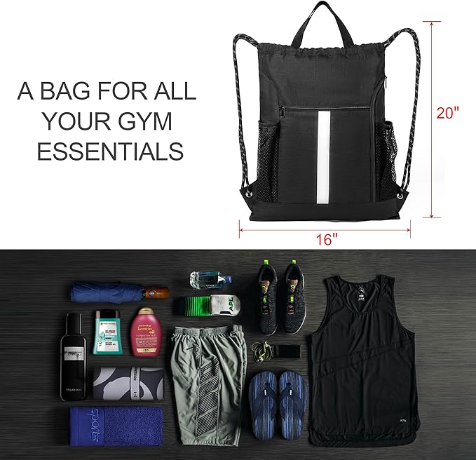 BeeGreen Mix-Black-Drawstring-Backpack-Bag, Large String Sack with Shoe Compartment and Two Side Mesh Pockets Lightweight Sturdy For Gym