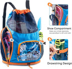 Mesh Drawstring Backpack with Shoe Compartment, Sandproof Beach Swim Bag with Wet Pocket, Pool Gym Shower Bag for Travel Summer Camp