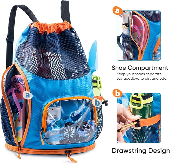 Mesh Drawstring Backpack with Shoe Compartment, Sandproof Beach Swim Bag with Wet Pocket, Pool Gym Shower Bag for Travel Summer Camp