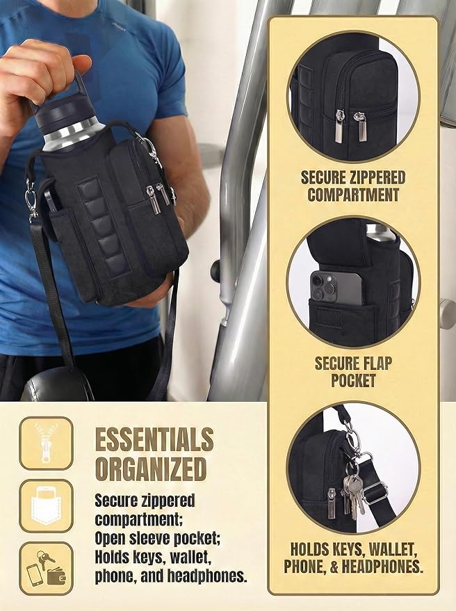 Magnetic Gym Tote Bag Holder for 18-40 oz Water Bottle,Neoprene Pouch with Phone Pocket,Men Women Workout Accessories