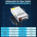 Upgraded 12V Power Supply, 110v to 12v Converter, 1200W 100A Transformer, with Power Cord and Safety Switch, AC to DC Converter for 3D Printer, Led Strip, Motor Pump, CCTV