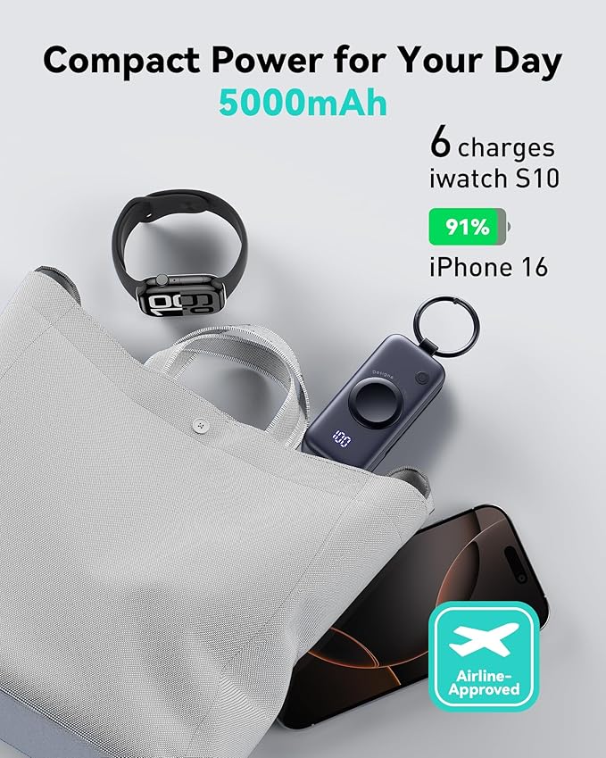 INIU 3-in-1 Portable Charger, 5000mAh Power Bank with Watch Charger & Built-in Cable, Compact 20W Fast Charging Battery Pack, Key Chain & Travel Essential for iPhone 16 15, Apple Watch, AirPods, etc