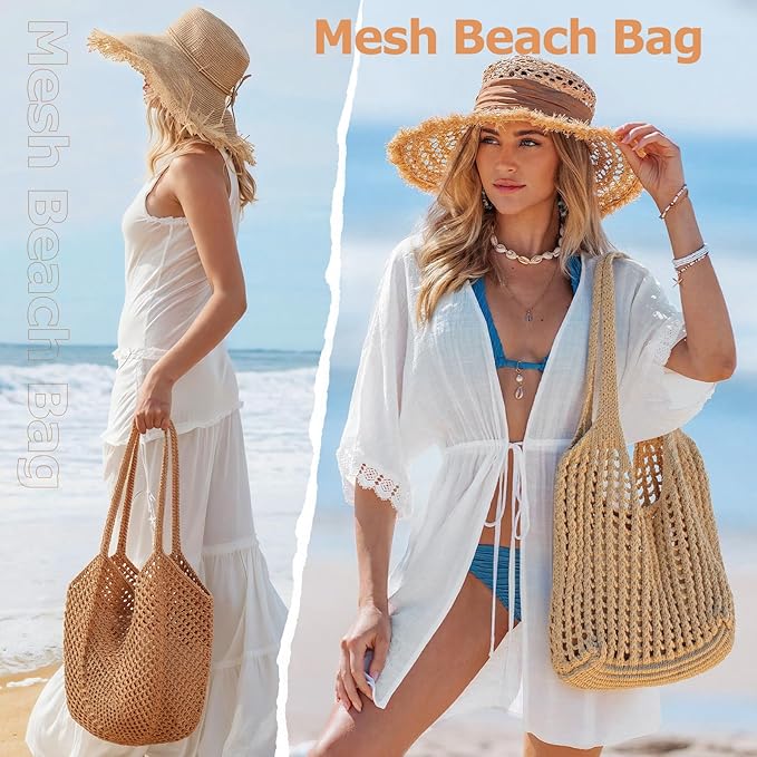 Tavaleu Crochet Tote Beach Bags for Women, Mesh Beach Tote Knit Bag, Summer Vacation Aesthetic Boho Hobo Shoulder Bag