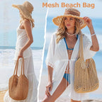 Tavaleu Crochet Tote Beach Bags for Women, Mesh Beach Tote Knit Bag, Summer Vacation Aesthetic Boho Hobo Shoulder Bag