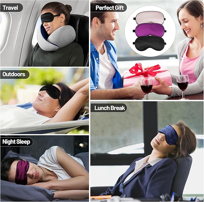 Sleep Mask, Silk Eye Mask for Sleeping with Adjustable Strap, Blindfold Eyeshade for Men & Women, Comfortable & Soft Eye Cover Eyeshade for Night Sleep (Black, Pink, Purple)