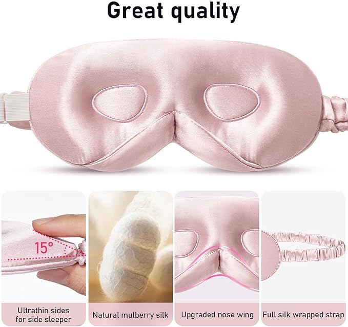 LitBear 100% 22 Momme Mulberry Silk Sleep Mask - 3D Contoured Eye Mask for Men Women, Soft Breathable Sleeping Mask with Adjustable Strap, Perfect Blocks Light for Sleeping (Light Pink)
