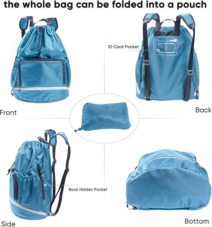 Swim Beach Sports Drawstring Backpack - Gym Bag with Shoes Compartment and Waterproof Pocket for Gym Accessories, Swim Essentials - Kids Mens Beach Workout Bag