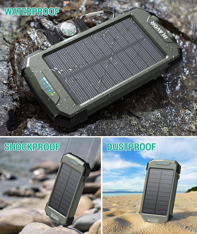 BLAVOR Portable Foldable Solar Charging Pack with Built-in USB-C Cable & Crossbody Lanyard, Plus Solar Charger Power Bank 10,000mAh, 20W PD, Waterproof for Outdoor Camping Hiking Backpacking