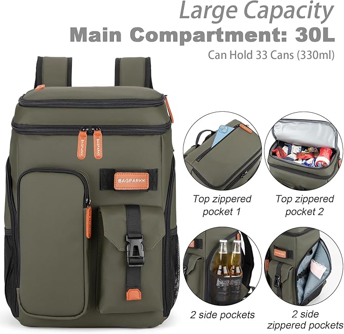 BAGPARKK Insulated Cooler Backpack,33/45 Cans Multifunctional Double Deck Leakproof Cooler Bag with Sternum Strap,Large Capacity Lightweight Travel Camping Beach Backpack