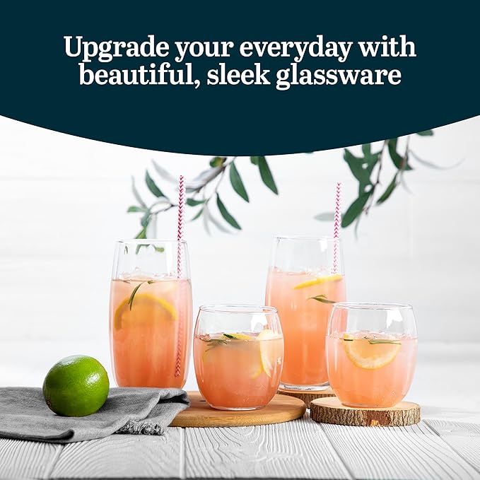 Libbey Samba Rocks and Tumbler Glass Cups Set of 16, All Purpose Everyday Drinking Glasses Set, Dishwasher Safe Modern Glassware Set for Events