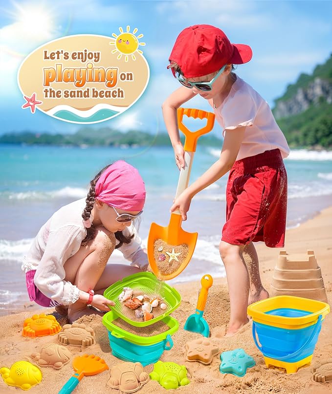 DUDUCOFU Collapsible Beach Sand Toys for Kids Toddlers, Collapsible Sand Bucket with Sifter Shovels Set with Mesh Bag and Sand Molds, Travel Beach Sandbox Toys for Boys Girls 3 4 5 6 7 8 9 10