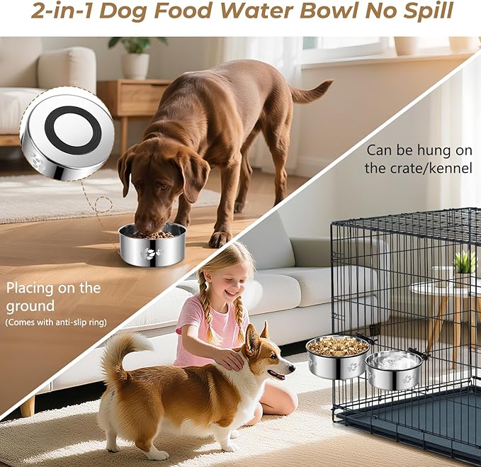 Dog Crate Water Food Bowl No Spill,2 Pack Hanging Dog Bowls for Kennel,Dogs Crate Water Feeder Dish,Stainless Steel Kennel Dogs Bowls Mountable for Cats Bunny Ferret Bird