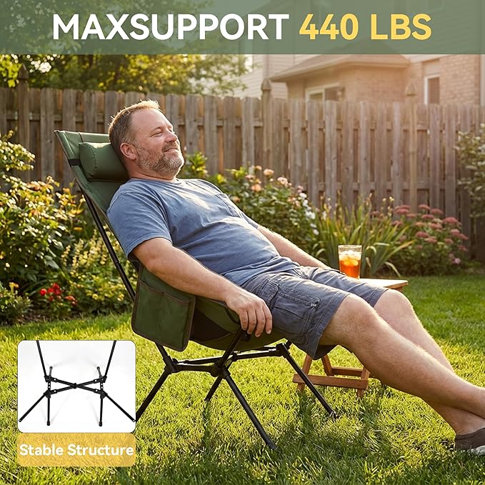 TOBTOS Portable High Back Camping Chair, Support 440 lbs, Ultralight Folding Chair with Head Support, Compact Backpacking Chair for Outdoor Camp Backpacking Fishing (Green)