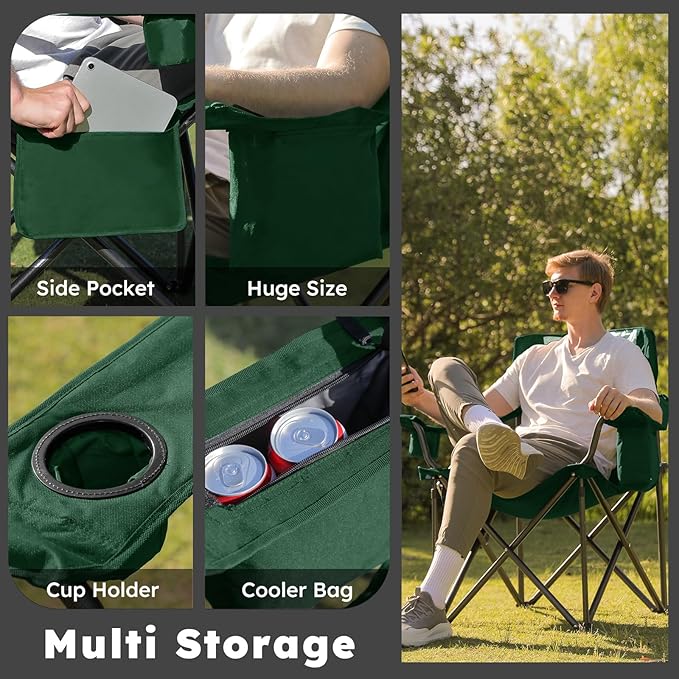 Colegence Heavy Duty Camping Chair for Adults, Oversized Heavy People Foldable Outside Camp Chairs Carry Bag Included, with Cooler Bag Cup Holder, Side Pocket for Lawn,Sport,Outdoor,Dark Green
