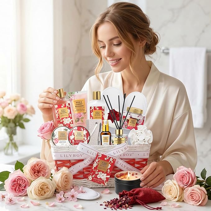 Gifts for Women, 17Pcs Mothers Day Gift Basket for Mom - Rose Bath and Body Spa Gift Basket, Skin Care Set for Women | Relaxing Care Kit for Christmas, Birthday, Valentines Day, Anniversary Gifts