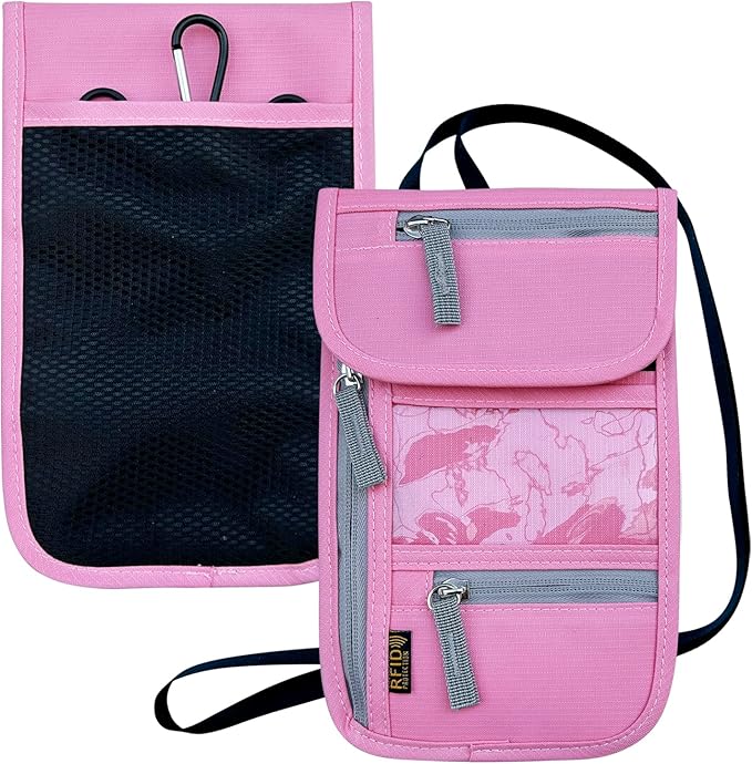 Travel Neck Wallet, RFID Blocking Passport Holder with Adjustable Neck Strap for Men and Women to Keep Cash, Credit Cards and Travel Documents Safe - Pink