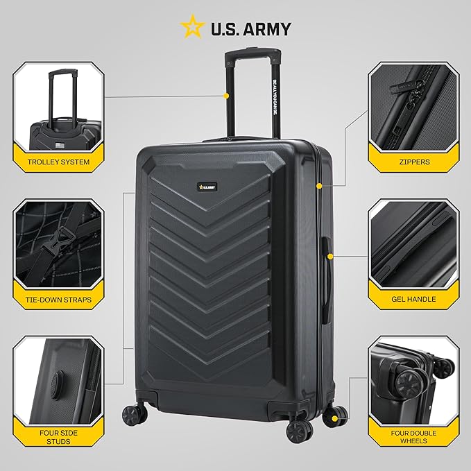 US ARMY Fox 28 inch Hardside Luggage with Spinner Wheels | Lightweight Large Suitcase for Extended Travel | Chevron Icon, Gel Handle, Side Studs, Retractable Trolley, Heavy Duty | Black