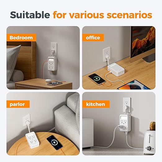 TESSAN Multi Plug Wall Outlet, 6 AC Outlet Extender with 3 USB Ports (2A1C) and Night Light, 3-Sided Multiple Wall Plug Expander，Charging Station for Cruise Travel, Home Office, Dorm Room Essentials