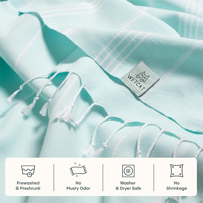 WETCAT Turkish Beach Blanket Sandproof (82"x82") 100% Turkish Cotton, Made in Turkey - Sand Free, Ultra Soft, Extra Large Throw for Picnic – Aqua