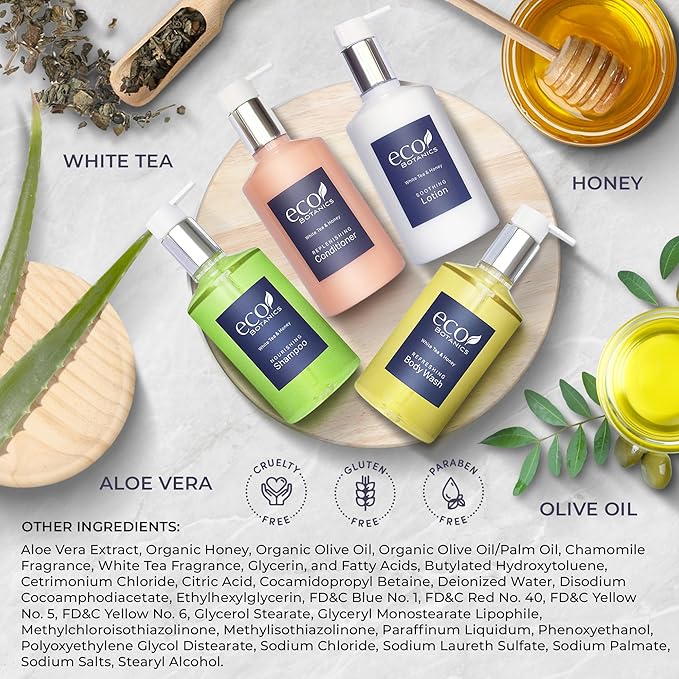 Eco Botanics Hotel Amenities Set | 10.14oz Pump Bottles | Shampoo, Conditioner, Hand & Body Wash, and Lotion | Set of 4