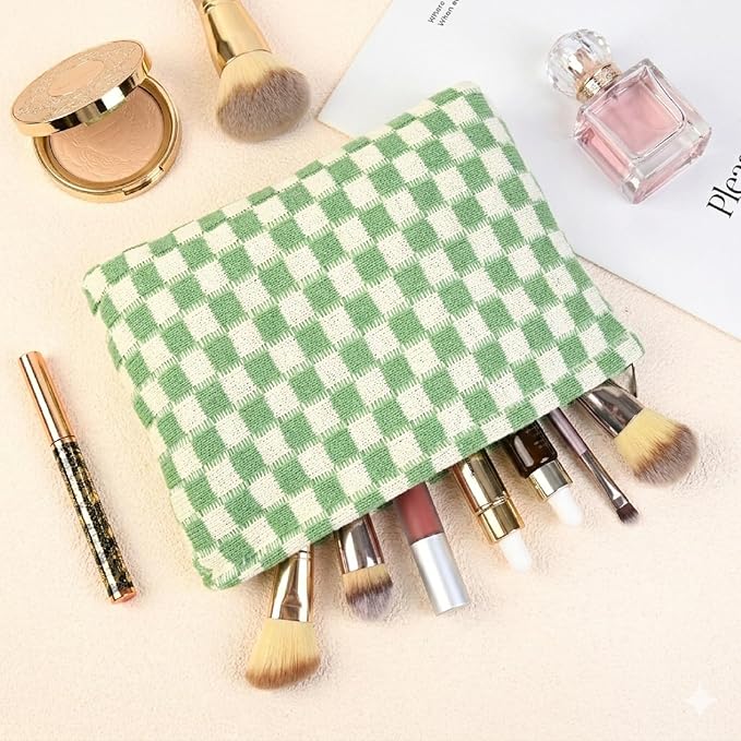 SOIDRAM 2 Pcs Checkered Makeup Bag Large Cosmetic Bag Toiletry Bag Makeup Pouch Travel Bag Organizer Cute Makeup Brushes Aesthetic Accessories Storage Bag for Women Green