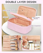 Relavel Cute Makeup Bag for Girls, Portable Pink Cosmetic Bag, Dual-layer Makeup Pouch with Brush Holder, Multi-Functional Preppy Toiletry Organizer for Travel, Daily Use - Pink Strip