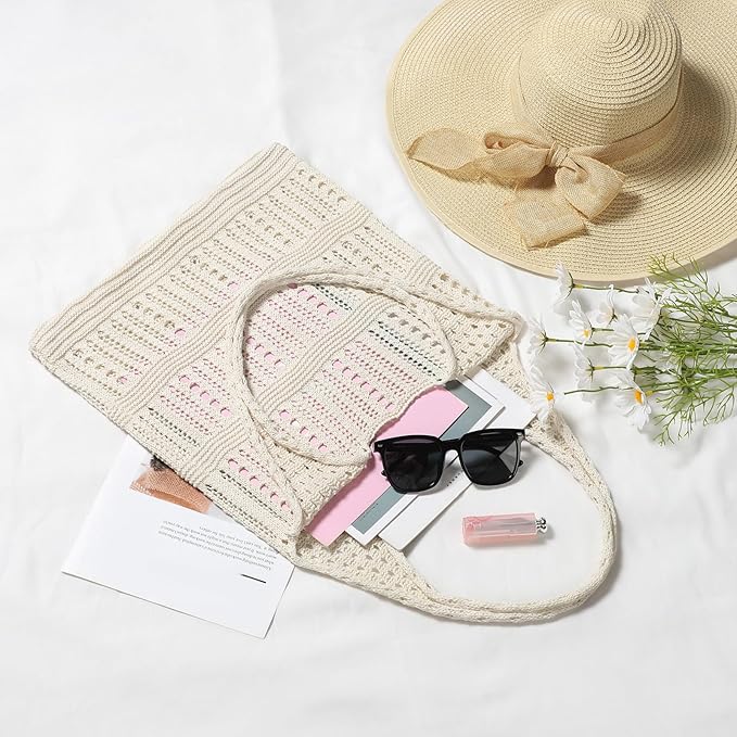 WantGor Crochet Bags, Beach Mesh Tote Bag Womens Shoulder Shopping Handbag Casual Travel Totes Bag Foldable Hobo Bags