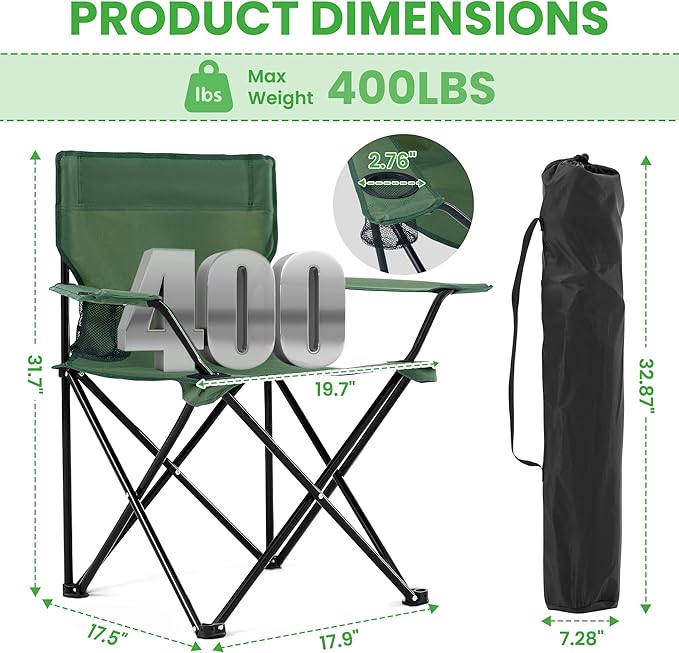 2 Pack Portable Camping Chairs Folding Lawn Chair Outdoor Lightweight Beach Chair with Cup Holder & Carry Bag for Outside Sports, Fishing, Hiking, Travel, Picnic, Backyard（Green