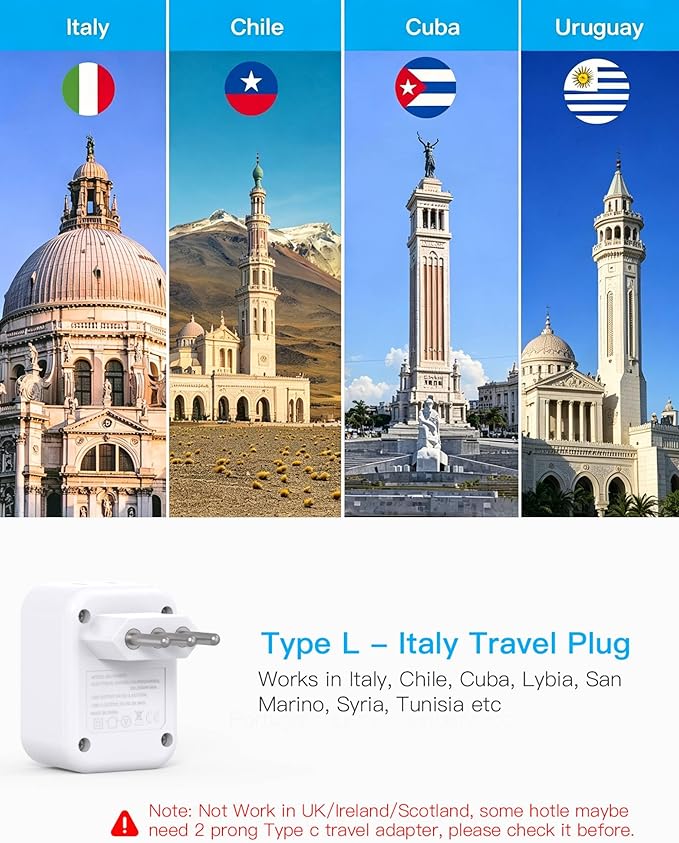 HANYCONY Italy Travel Adapter, Grounded Type L Plug Adapter with 2 AC Outlets 3 USB Ports (2 USB C), US to Italy Power Adapter for Rome, Chile, Uruguay, Ethiopia - Cruise Ship Approved