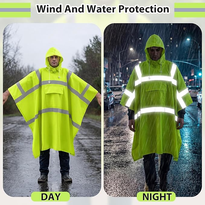 Coume High Visibility Rain Poncho with Large Pocket 50×80 Inch Reflective Rain Coat Safety Jacket Unisex for Outdoor Worker