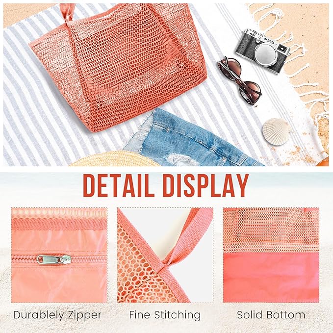 HOHOM Beach Bags for Women, Summer Travel Mesh Tote Bag with Large Inner Pocket, Sandproof Woven Shoulder Handbag