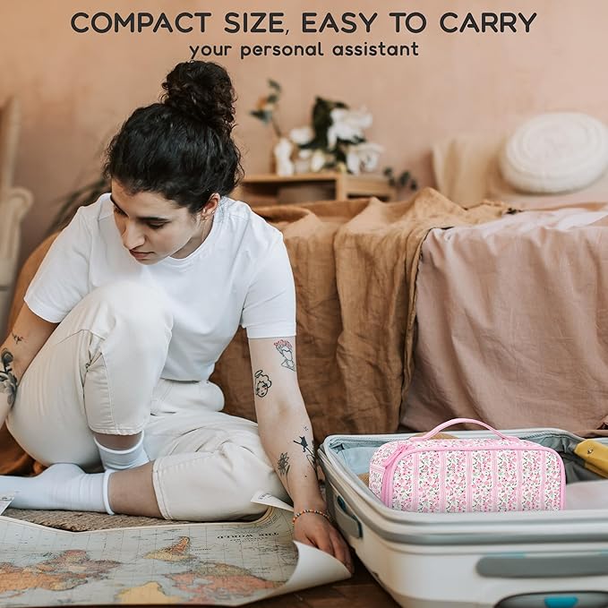 Relavel Cute Makeup Bag for Girls, Portable Pink Cosmetic Bag, Dual-layer Makeup Pouch with Brush Holder, Multi-Functional Preppy Toiletry Organizer for Travel, Daily Use - Pink Flower