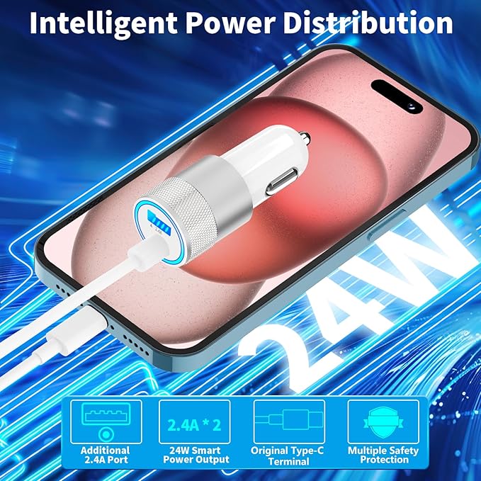 [Apple MFi Certified] iPhone 16 Car Charger Fast Charging, Caiinei 4.8A USB Car Power Cigarette Lighter USB-C Car Charger Adapter + 6FT Type-C Cable for iPhone 16 Pro/16 Plus/16 Pro Max/15/15 Pro/iPad