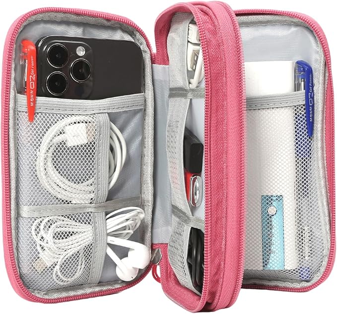 CAAORDKSO Small Cable Organizer Bag, Charger Organizer Case Pouch Travel Bag, Waterproof Electronics Accessories Case for USB, Cable, Cord, Charger, Phone, Power Bank, Earphone (Rose Red, Medium)