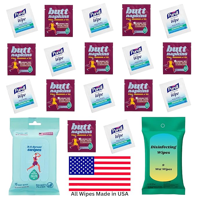 Butt Napkins B.O.dorant & Cleaning Wipes Combo Pack – Portable Odor-Fighting Swipes + All-Natural Family Travel Wipes – 2-in-1 Personal & On-the-Go Hygiene Solution (Cleaned for Departure)