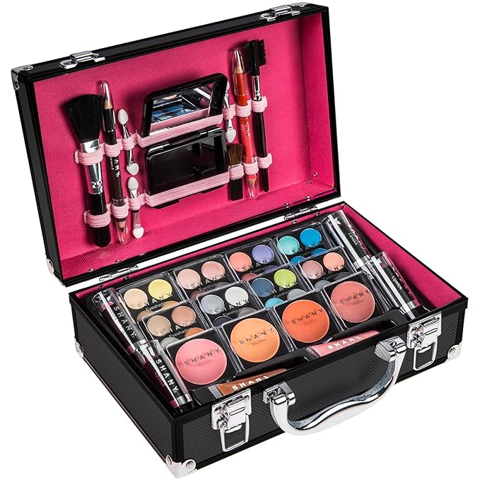 SHANY Carry All Make up Train Case with Pro Makeup Set, Beauty Brushes, Lipsticks, Eye Shadows, Blushes, Powders, and more - Reusable Cosmetics Storage Organizer - Premium Gift Packaging - Black