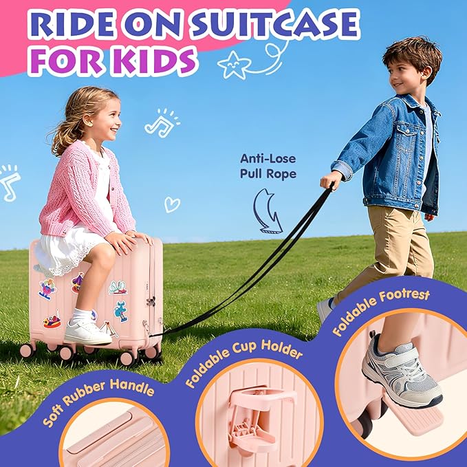 smilesun Kids Ride-On Luggage, 20" Hardshell Carry-On Suitcase with 6 Spinner Wheels, Foldable Pedal, Hidden Cup Holder & Combination Lock for Toddlers & Children (Light Pink, 20-inch)
