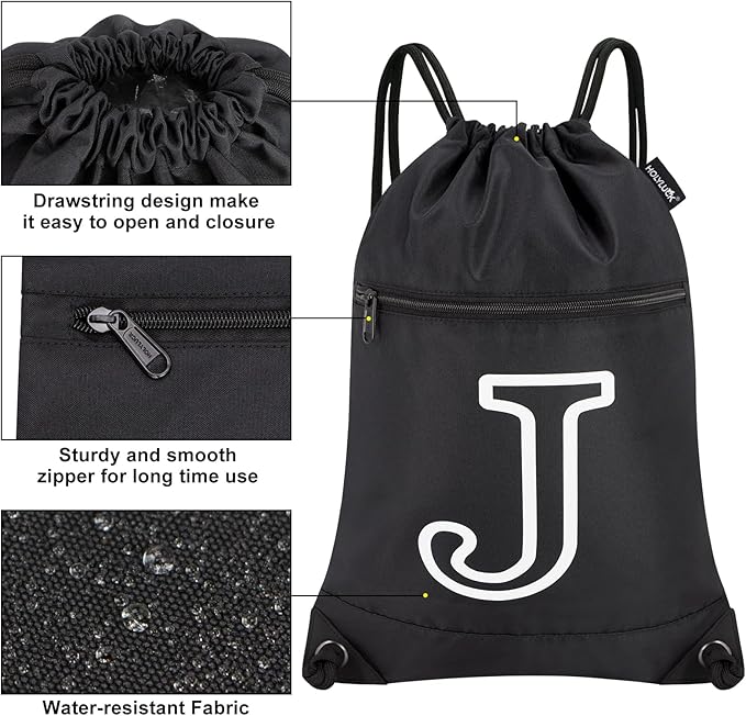 HOLYLUCK Drawstring Bags Initial Backpack Sackpack Cinch Bags for Sports, Gym, Travel, Beach (Black-J)