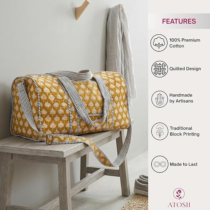 ATOSII Handblock Print 100% Cotton Large Quilted Duffle Bag for Overnight Trip, Travel Weekend Bag, Luggage, 2 Pockets with Zipper, 1 Front Pocket, Detachable Long Strap, 20 X 10 X 12 Inches, Flax