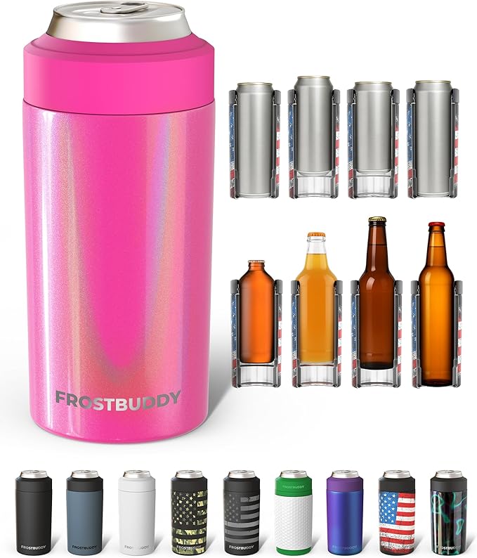 Frost Buddy Universal Can Cooler - Fits all - Stainless Steel Can Cooler for 12 oz & 16 oz Regular or Slim Cans & Bottles - Stainless Steel (Love Sparks)