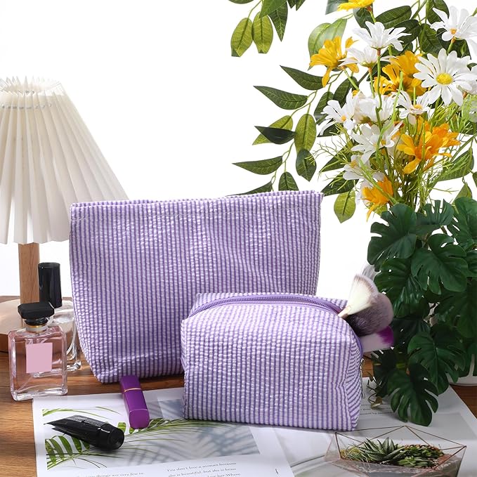 Huhumy 2 Pcs Makeup Bag Set Cute Cosmetic Pouch for Women Seersucker Travel Toiletry Bag Preppy Small Makeup Purse Pouch Aesthetic Skincare Brushes Storage Organizer for Valentine Women(Purple)