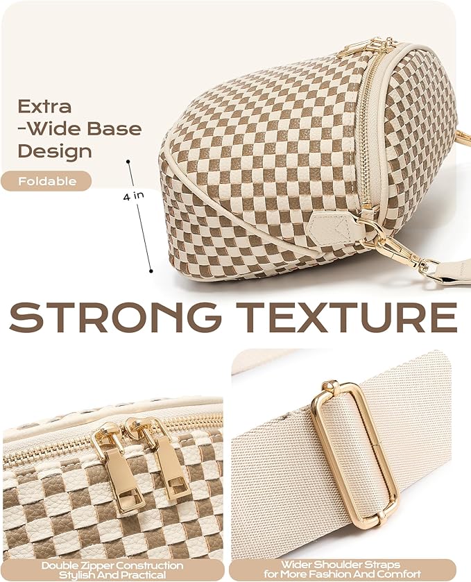 Trendy Woven Checkered Crossbody Bum Bag for Women，PU Leather Checkered Purse Fanny Packs Belt Bag (Woven Bum Bag - Khaki Beige)