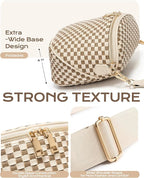 Trendy Woven Checkered Crossbody Bum Bag for Women，PU Leather Checkered Purse Fanny Packs Belt Bag (Woven Bum Bag - Khaki Beige)