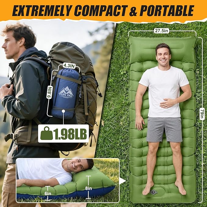 FUN PAC Camping Sleeping Pad,Ultralight Camping Mattress with Pillow, Built-in Foot Pump Inflatable Sleeping Pad Compact for Camping
