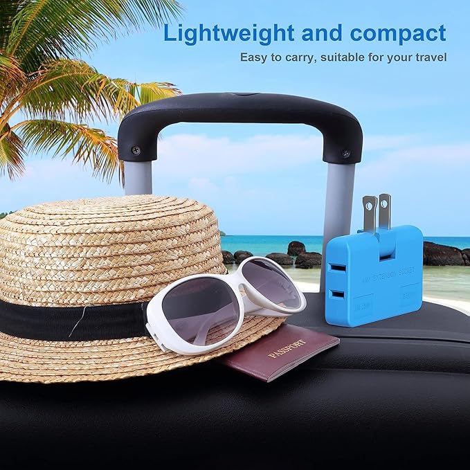 ETwinCoo Flat Wall Plug Adapter AC Outlet Extender, 2-Prong Swivel Mini Indoor Wall Tap Plug, Outlet Splitter (Quick & Space Save) Perfect for Home and Travel, Type A, Blue (3 Way-2 Pack)