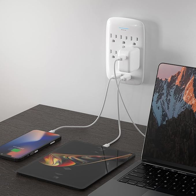 Oviitech 6 Outlet Surge Protector,900 Joules Wall Adapter Tap with 2 USB Charger, Dual 3.1A USB Ports, 3-Prong Wall Mount Outlet Plugs,ETL Listed,White