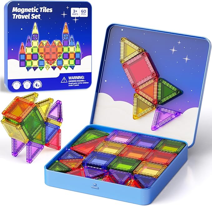 Mini Magnetic Tiles Travel Kit for Kids Ages 3-8, 60pcs Portable Magnetic Building Blocks with Visual Storage Guide & Metal Play Base, STEM Sensory Toys for Preschool Learning