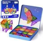 Mini Magnetic Tiles Travel Kit for Kids Ages 3-8, 60pcs Portable Magnetic Building Blocks with Visual Storage Guide & Metal Play Base, STEM Sensory Toys for Preschool Learning